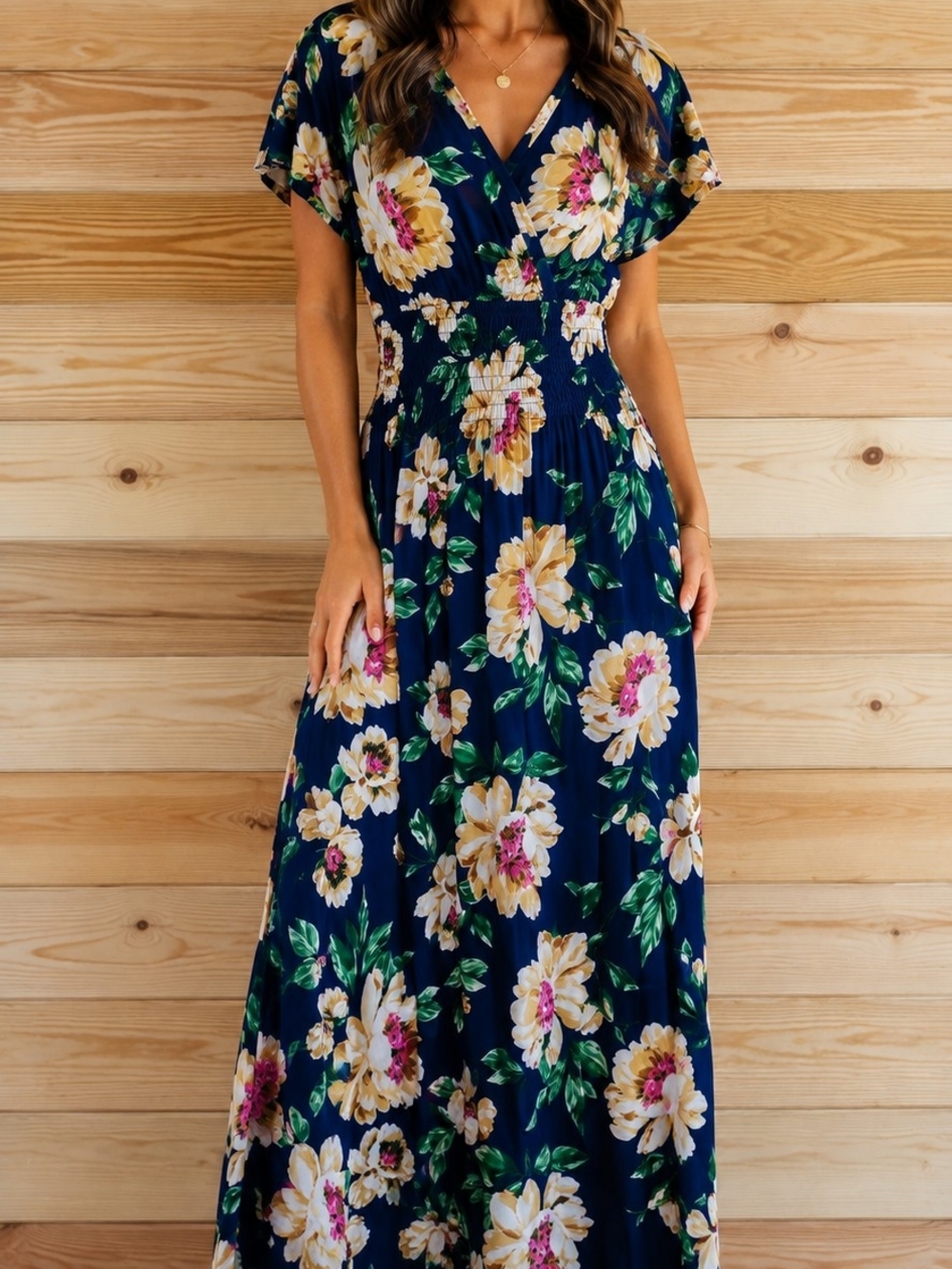 New Floral V-Neck Navy Maxi Dress Large Smockinh  Cottagecore Wedding Guest